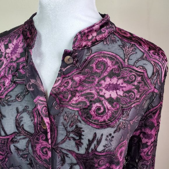 Vintage Women Size Med Petite Purple Velvet Floral Semi Sheer Long Sleeve Blouse - Picture 2 of 13